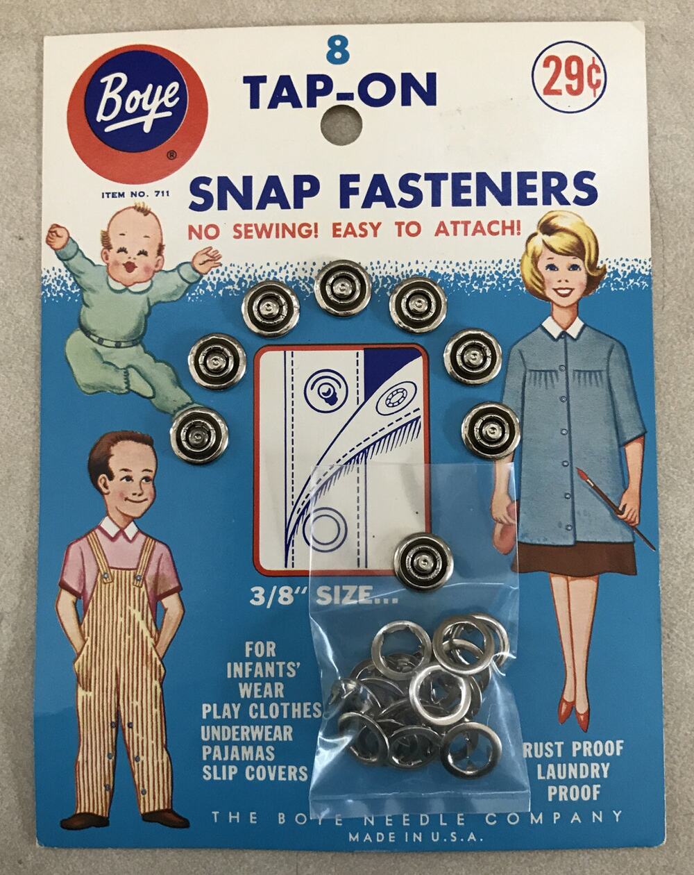 Vtg 1950 Boye Needle Co Tap-On Snap Fasteners Sewing Sockets Studs Prongs